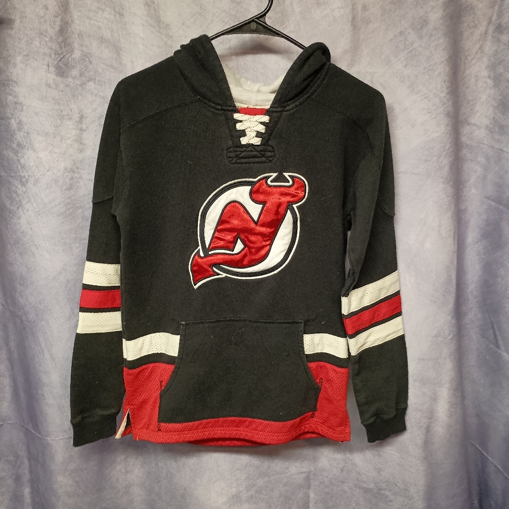 CCM Vintage NJ Devils Embroidered Lace Up Hoodie Size Youth Large